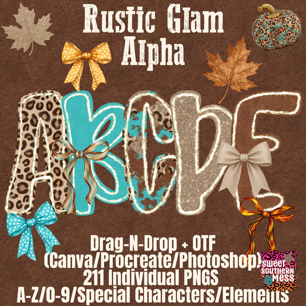 Rustic Glam Alpha OTF + Drag-N-Drop; 5 Sets/211 PNGs/Alpha/Numbers/Special Characters/Elements