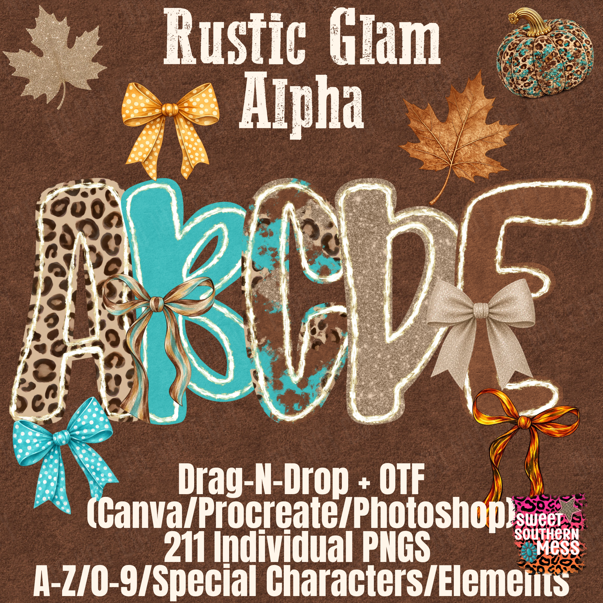 Rustic Glam Alpha OTF + Drag-N-Drop; 5 Sets/211 PNGs/Alpha/Numbers/Special Characters/Elements