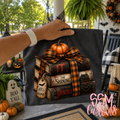Scary Book Club Halloween PNG - stacked horror books with buffalo plaid ribbon and pumpkin